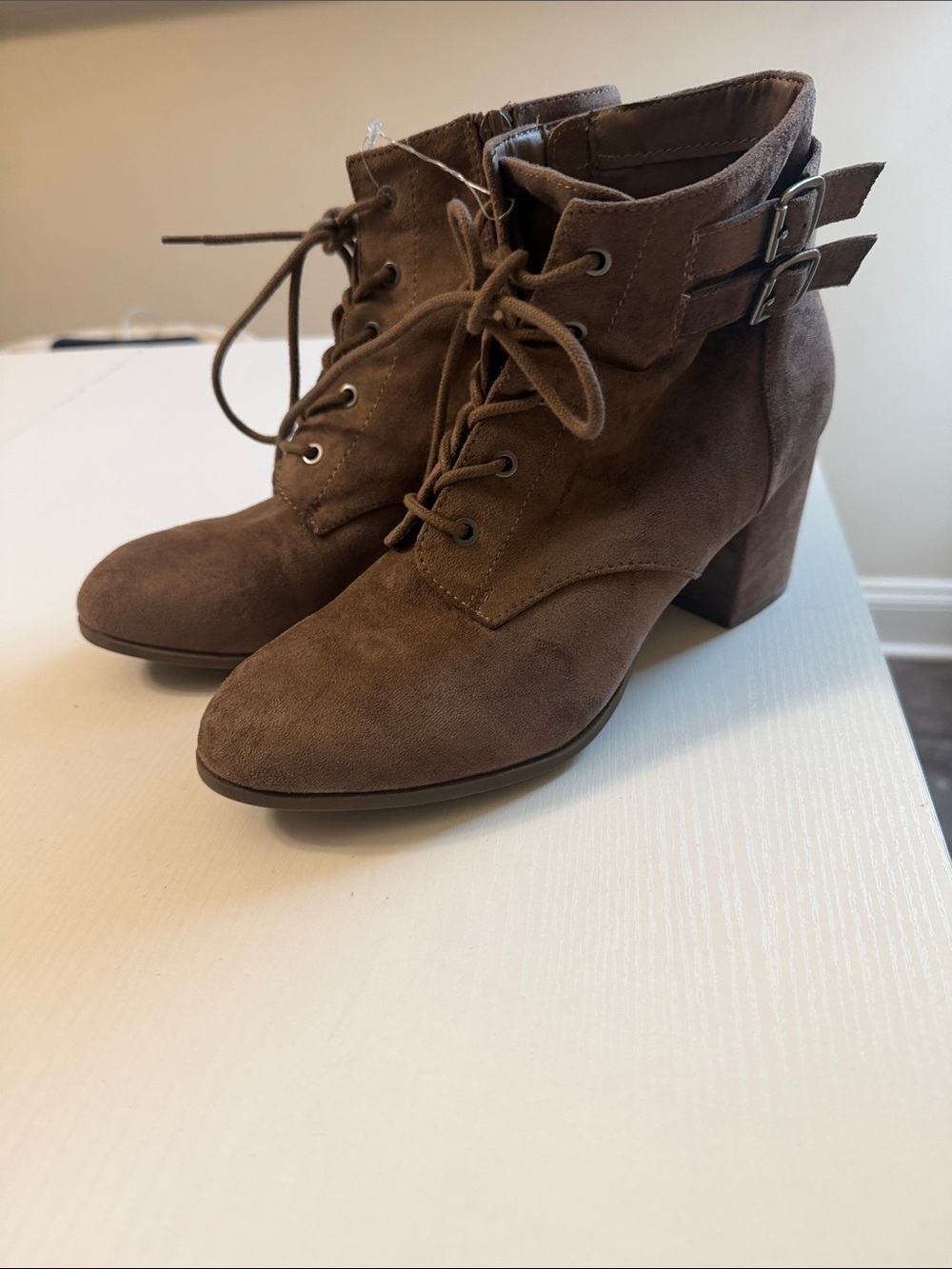 Women's Suede Lace-Up Brown Ankle Boots with Buckle Straps